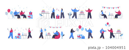 Bundle of birthday party scenes. Cheerful friends celebrating and congratulating, gift presenting and having fun flat vector illustration. Bundle of birthday event with people characters in situations Bundle of birthday party scenes. Cheerful friends celebrating and congratulating, gift presenting and having fun flat vector illustration. Bundle of birthday event with people characters in situations 104004951