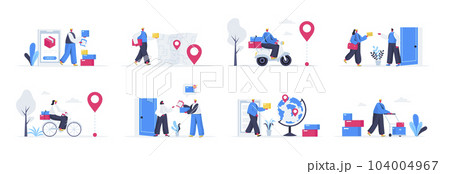 Bundle of delivery service scenes. Online order and couriers delivery at home, global shipping and logistics flat vector illustration. Bundle of express delivery with people characters in situations. 104004967
