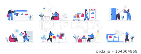 Bundle of shoppers scenes. Shopper carry shopping bags, online order and purchase delivery at home, internet commerce flat vector illustration. Bundle of shopping people characters in situations. 104004969