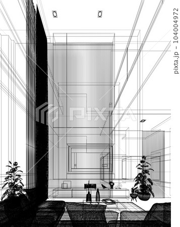 cozy living room interior design, 3d rendering wire frame cozy living room interior design, 3d rendering wire frame 104004972