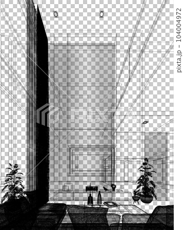 cozy  living room  interior design, 3d rendering wire frame 104004972