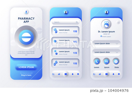 Online pharmacy unique neomorphic design kit for mobile app neomorphism style. Internet drugstore screens with medicaments. Pharmacy store UI, UX template set. GUI for responsive mobile application. Online pharmacy unique neomorphic design kit for mobile app neomorphism style. Internet drugstore screens with medicaments. Pharmacy store UI, UX template set. GUI for responsive mobile application. 104004976
