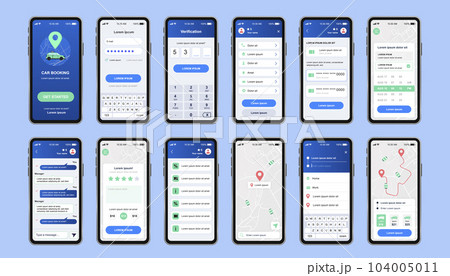 Car sharing unique design kit for mobile app. Online rent car order screens with map navigation and user account menu. Car booking service UI, UX template set. GUI for responsive mobile application. Car sharing unique design kit for mobile app. Online rent car order screens with map navigation and user account menu. Car booking service UI, UX template set. GUI for responsive mobile application. 104005011
