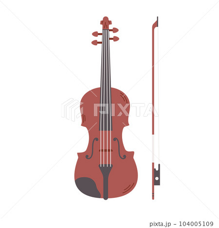 Violin with bow isolated on white background. Classical stringed musical instrument. Vector flat illustration. 104005109
