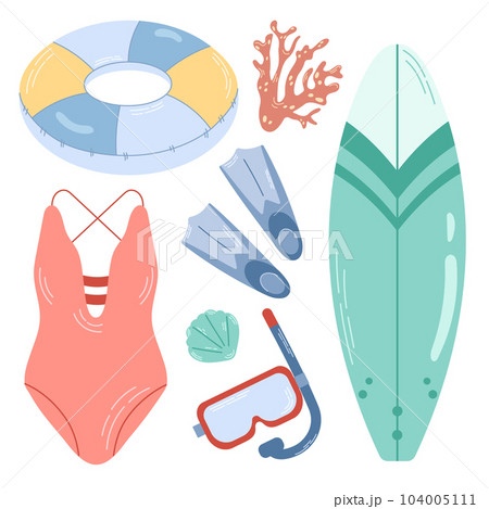 Set elements for active sea vacation. Swimming on a circle, on a surfboard, diving. Colored vector elements isolated on white background. 104005111