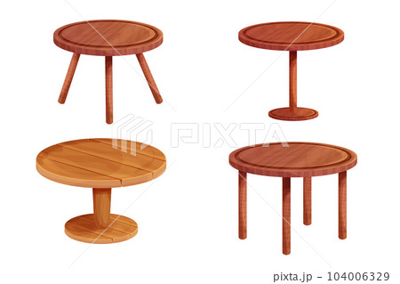 Wooden table round desk tectured in comic cartoon style isolated on white background. Rustic furniture with legs. 104006329