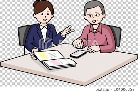 スマホ教室/スマホ販売店 女性スタッフとシニアの男性 スマホ教室/スマホ販売店 女性スタッフとシニアの男性 104006358