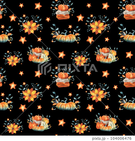 Autumn seamless pattern on a black background included flowers ,branches stars and pumpkin.This pattern perfect for wallpapers,cover design,print trextile, paper 104006476