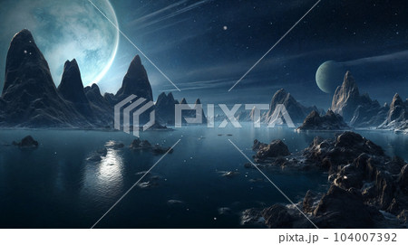 Fantasy planet , night sky on background. AI Generative 104007392