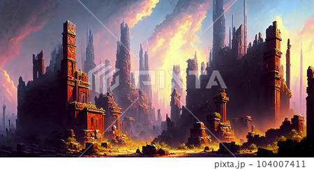 Digital painting of a ruins of a gigantic fantasy city . AI Generative 104007411
