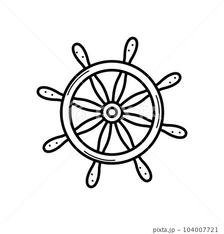Steering wheel doodle icon. Vector illustration of a vintage ship rudder. Single isolated on a white background. 104007721