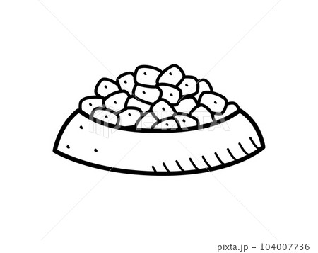 Dry food in a bowl vector doodle illustration. Pet meal in a plate. Icon on a white background. 104007736