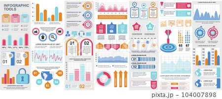 Bundle infographic UI, UX, KIT elements with charts, diagrams, workflow, flowchart, timeline, online statistics, marketing icons elements design template. Vector info graphics and infographics set. 104007898
