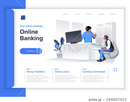 Online banking isometric landing page. Business people use computers, manager advising client in bank office situation. Online deposit account, payment and money transaction perspective flat design. 104007915