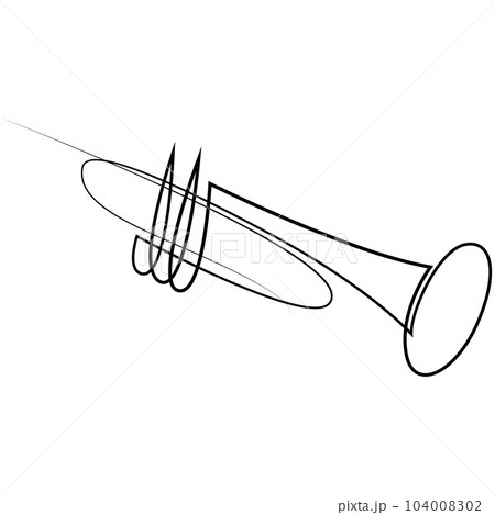 Single continuous line drawing of trumpet music instrument. Minimalist style design vector illustration. One line art. Single continuous line drawing of trumpet music instrument. Minimalist style design vector illustration. One line art. 104008302