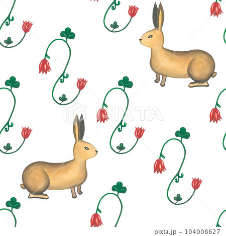 Watercolor rabbits and plants in medieval style. Seamless pattern hand drawn on a transparent background.  Watercolor rabbits and plants in medieval style. Seamless pattern hand drawn on a transparent background.  104008627