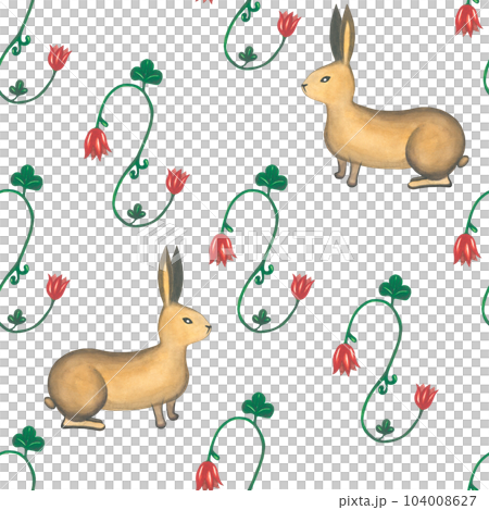 Watercolor rabbits and plants in medieval style. Seamless pattern hand drawn on a transparent background.  Watercolor rabbits and plants in medieval style. Seamless pattern hand drawn on a transparent background.  104008627