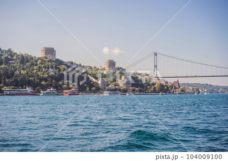 Turkey, Istanbul, houses below Fatih Sultan Mehmet Bridge on Bosphorus Strait Turkey, Istanbul, houses below Fatih Sultan Mehmet Bridge on Bosphorus Strait 104009100