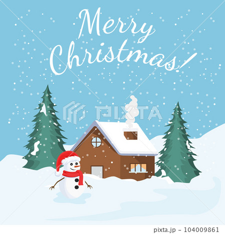 Christmas card with winter landscape and snow, tree, house and a snowman 104009861