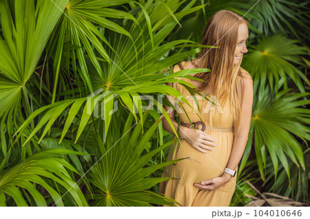 Pregnant woman walks in park at evening. Family enjoying pregnancy. The concept of Mother's Day and Women's Day 104010646