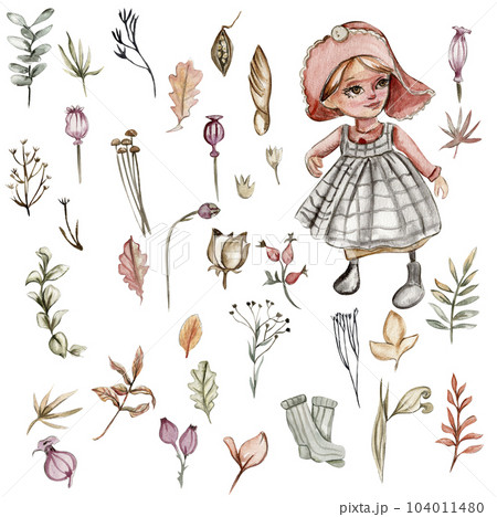 Autumn set of gnom girl and fall leaves. Hand drawn illustration of autumn. Perfect for scrapbooking, kids design, wedding invitation, posters, greetings cards, party decoration. 104011480