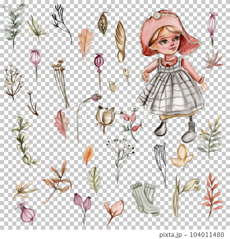 Autumn set of gnom girl and fall leaves. Hand drawn illustration of autumn. Perfect for scrapbooking, kids design, wedding invitation, posters, greetings cards, party decoration. 104011480