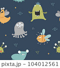 Cute monsters seamless pattern. Cartoon monsters background. Vector illustration 104012561