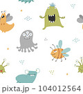 Cute monsters seamless pattern. Cartoon monsters background. Vector illustration 104012564