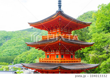 岡山県美作市　新緑の頃の長福寺の三重塔 104013332