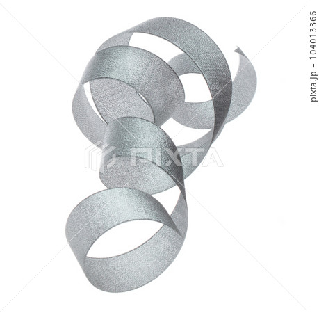 Gray ribbon long straight fly in air with curve roll shiny. Gray ribbon for present gift birthday party to wrap around decorate and make of textile cloth long straight. White background isolated 104013366