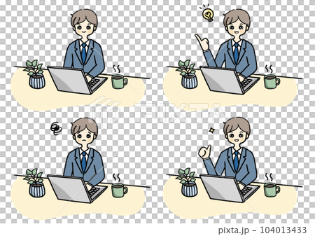 スーツ姿の男性がパソコンで仕事をしているイラストセット スーツ姿の男性がパソコンで仕事をしているイラストセット 104013433