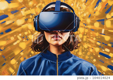 Modern woman in blue futuristic costume with golden elements in virtual reality glasses on a golden background AI Modern woman in blue futuristic costume with golden elements in virtual reality glasses on a golden background AI 104014024