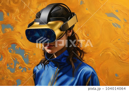 Modern woman in blue futuristic costume with golden elements in virtual reality glasses on a golden background AI 104014064
