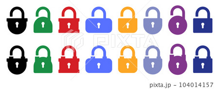 Opened and closed padlock icon in flat style. Lock vector illustration. Security check sign Opened and closed padlock icon in flat style. Lock vector illustration. Security check sign 104014157