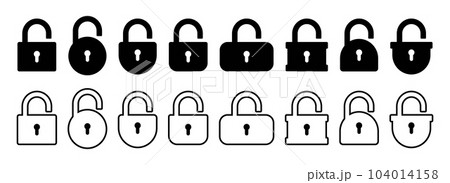 Opened and closed padlock icon in flat style. Lock vector illustration. Security check sign Opened and closed padlock icon in flat style. Lock vector illustration. Security check sign 104014158