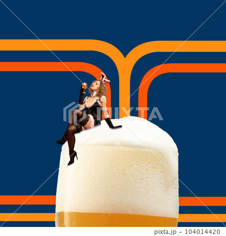 Contemporary art collage. Concept of beer festival, traditions, drinks and Oktoberfest party 104014420