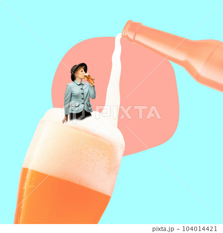 Contemporary art collage. Concept of beer festival, traditions, drinks and Oktoberfest party 104014421