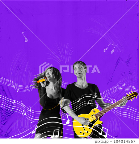 Happy, joyful young people, man and woman on live concert, singing, playing guitar. Leisure activity. Contemporary art collage. 104014867