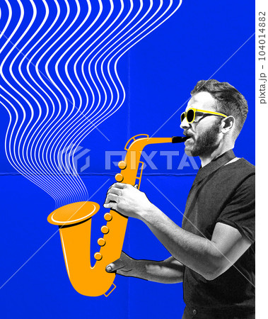 Young man, musician playing saxophone against blue abstract background. Classical concert. Contemporary art collage. 104014882