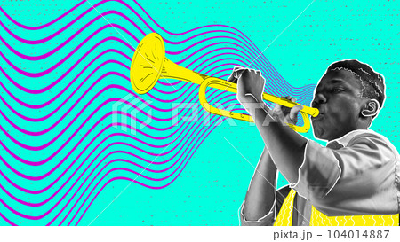 Talented, young, african man playing trumpet against abstract blue background. Lovely sounds of melody. Contemporary art collage. 104014887