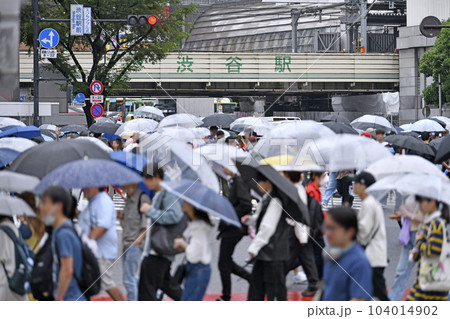 日本の東京都市景観 梅雨の渋谷は傘の華…マ無しの方が多い(電車の中、マ着で咳き込む高齢者増)＝12日 104014902