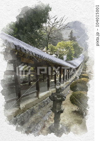 水彩画風 吉備津神社 廻廊 岡山県岡山市 水彩画風 吉備津神社 廻廊 岡山県岡山市 104015001