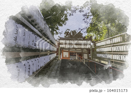 水彩画風　吉備津神社　北随身門　岡山県岡山市 104015173