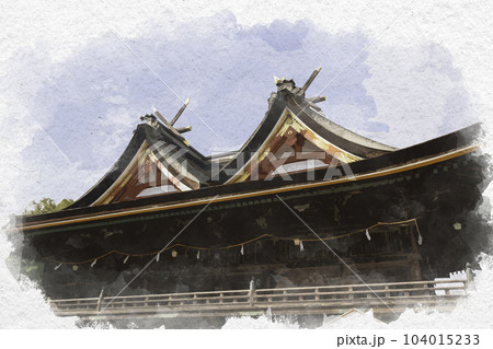 水彩画風　吉備津神社　本殿・拝殿　岡山県岡山市 104015233