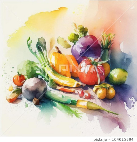 Watercolor colorful art. Minimalist retro illustration with vegetables. Watercolor colorful art. Minimalist retro illustration with vegetables. 104015394