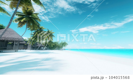 Illustration image, beach scene with crystal-clear turquoise waters, powdery white sand, palm leaves, sparkling waves and blue sunny sky, with copy space, Generative AI illustration 104015568