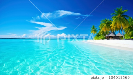 Illustration image, beach scene with crystal-clear turquoise waters, powdery white sand, palm leaves, sparkling waves and blue sunny sky, with copy space, Generative AI illustration 104015569