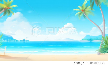 Illustration image, beach scene with crystal-clear turquoise waters, powdery white sand, palm leaves, sparkling waves and blue sunny sky, with copy space, Generative AI illustration 104015570