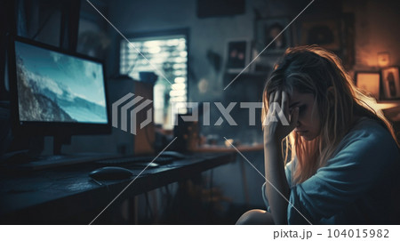 Vulnerable woman at home, experiencing depression and burnout, conveying emotional struggle and mental exhaustion. Work burnout generative AI. 104015982
