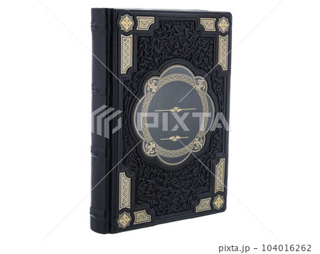 Leather mockup book with cover color isolated on white background. Diary for writing and printing With empty lable and metal fittings. 104016262